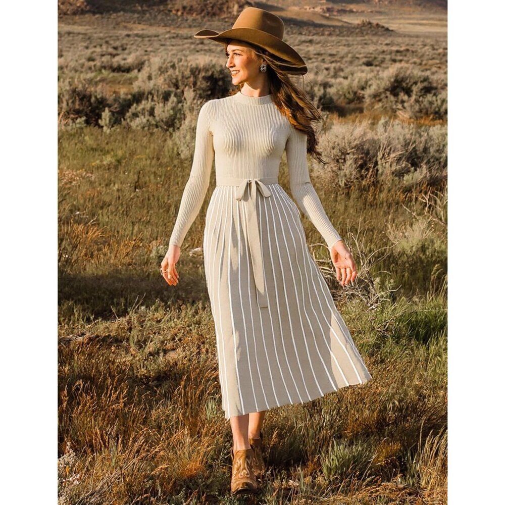Women's Apricot Tie Waist Casual Loose Ribbed Knit Long Sleeve Sweater Midi Dres - Picture 5 of 6